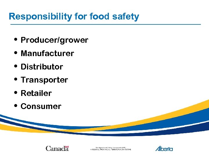 Responsibility for food safety • • • Producer/grower Manufacturer Distributor Transporter Retailer Consumer 