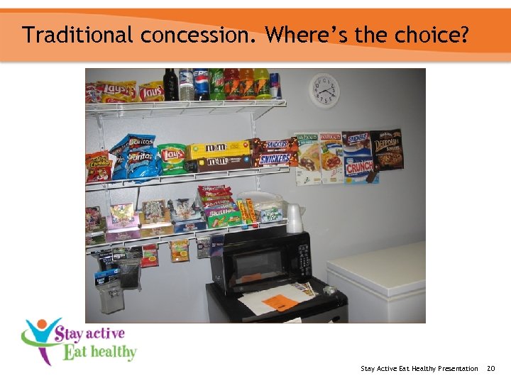 Traditional concession. Where’s the choice? Stay Active Eat Healthy Presentation 20 