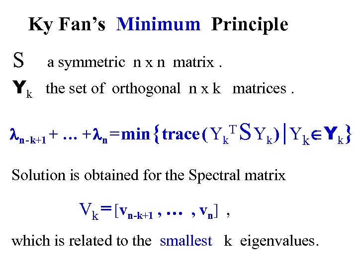 Ky Fan’s Minimum Principle S a symmetric n x n matrix. Yk the set