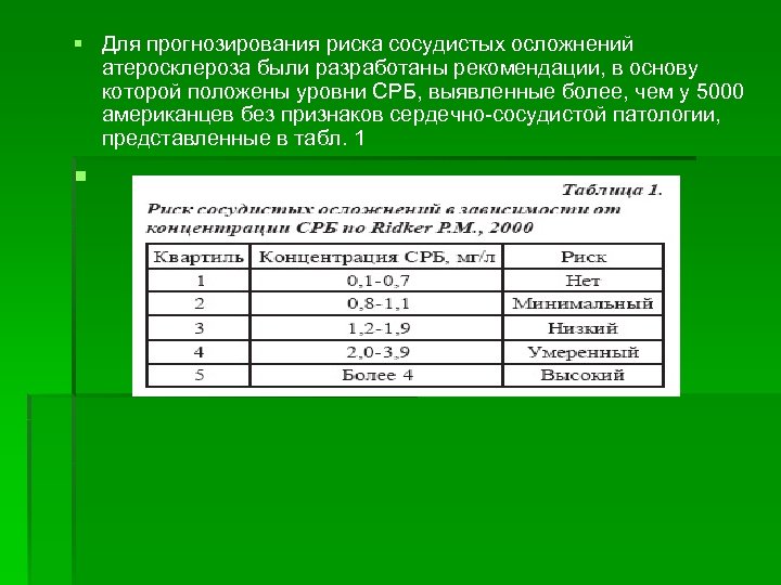 § Для прогнозирования риска сосудистых осложнений атеросклероза были разработаны рекомендации, в основу которой положены