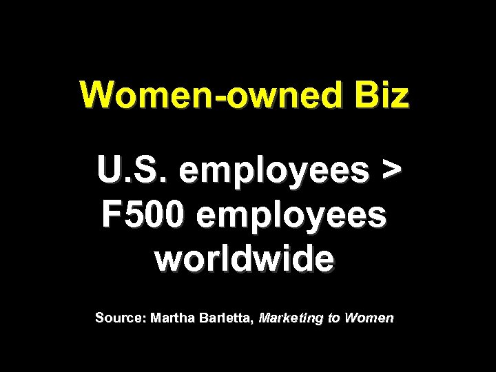 Women-owned Biz U. S. employees > F 500 employees worldwide Source: Martha Barletta, Marketing