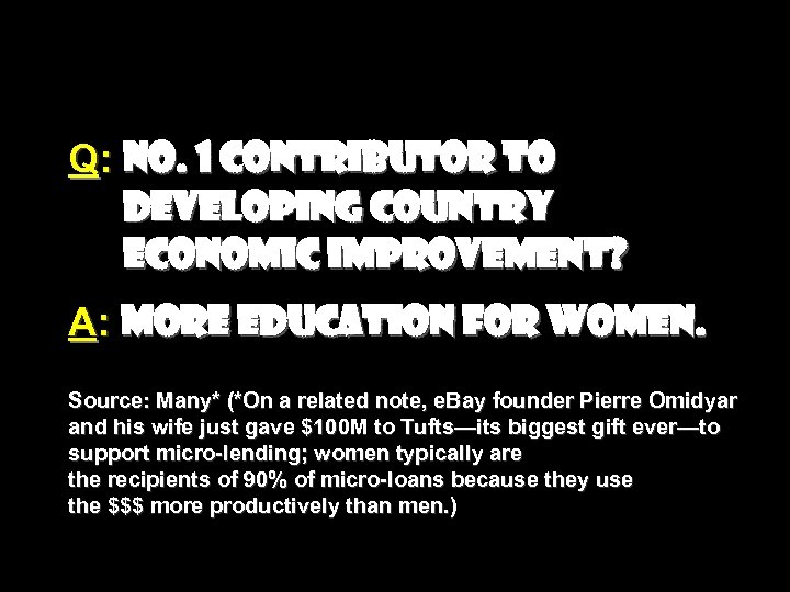 Q: No. 1 contributor to developing country economic improvement? A: More education for women.