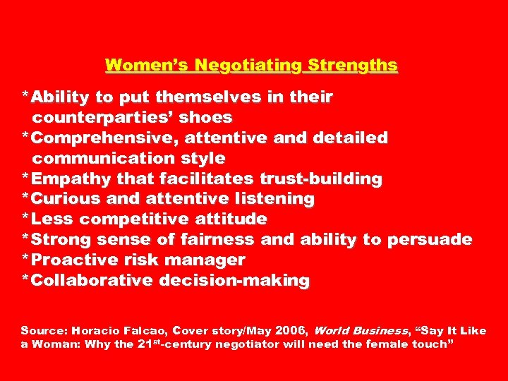 Women’s Negotiating Strengths *Ability to put themselves in their counterparties’ shoes *Comprehensive, attentive and