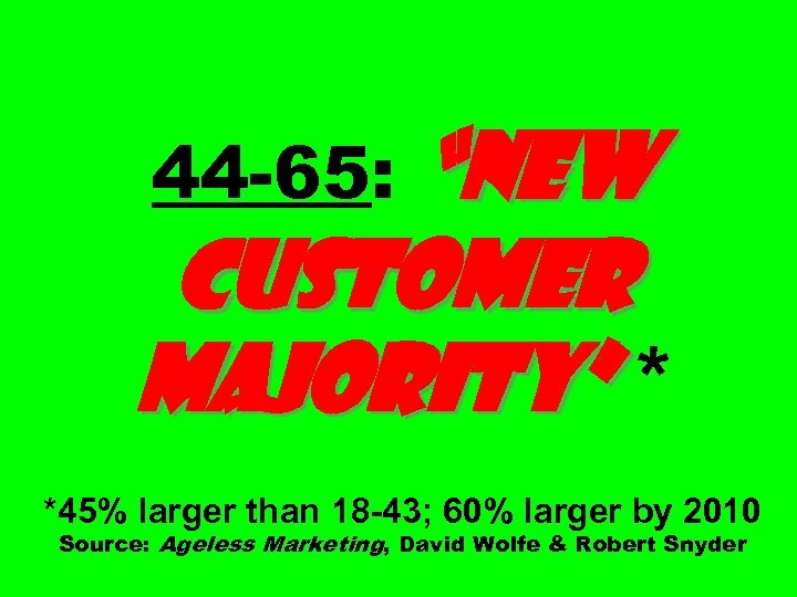 “New Customer Majority” * 44 -65: *45% larger than 18 -43; 60% larger by