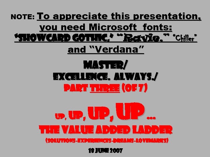 NOTE: To appreciate this presentation, you need Microsoft fonts: “Showcard Gothic, ” “Ravie, ”