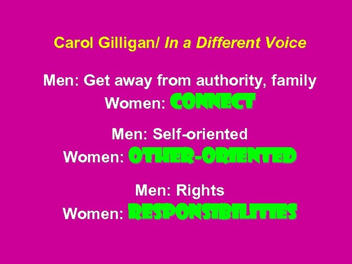 Carol Gilligan/ In a Different Voice Men: Get away from authority, family Women: Connect