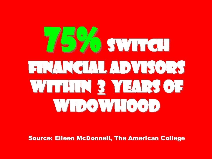 75% switch financial advisors within 3 years of widowhood Source: Eileen Mc. Donnell, The