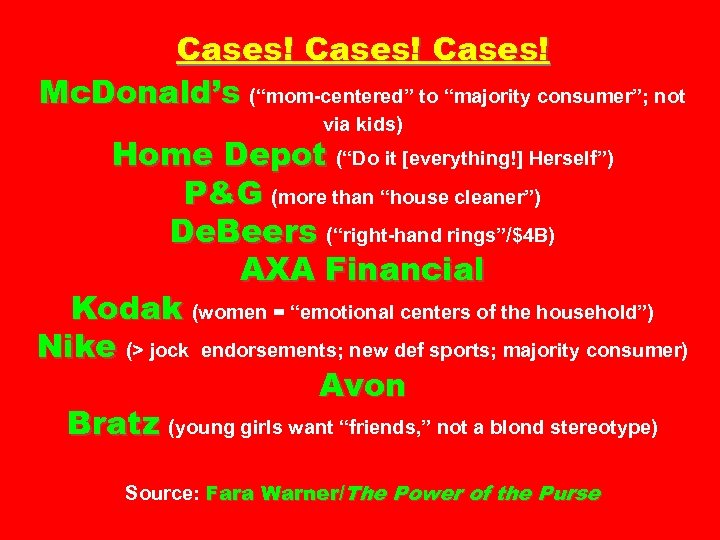 Cases! Mc. Donald’s (“mom-centered” to “majority consumer”; not via kids) Home Depot (“Do it