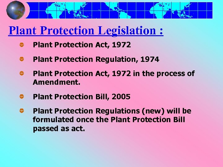 Plant Protection Legislation : Plant Protection Act, 1972 Plant Protection Regulation, 1974 Plant Protection