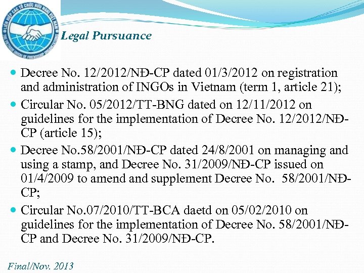 Legal Pursuance Decree No. 12/2012/NĐ-CP dated 01/3/2012 on registration and administration of INGOs in