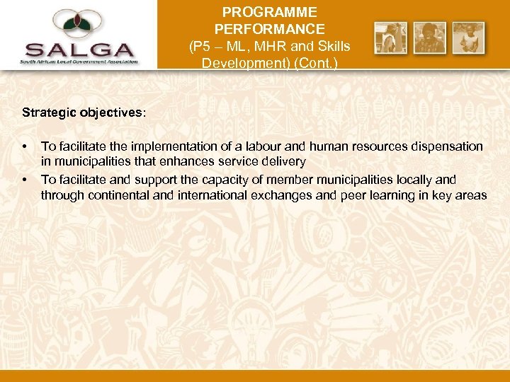 PROGRAMME PERFORMANCE (P 5 – ML, MHR and Skills Development) (Cont. ) Strategic objectives: