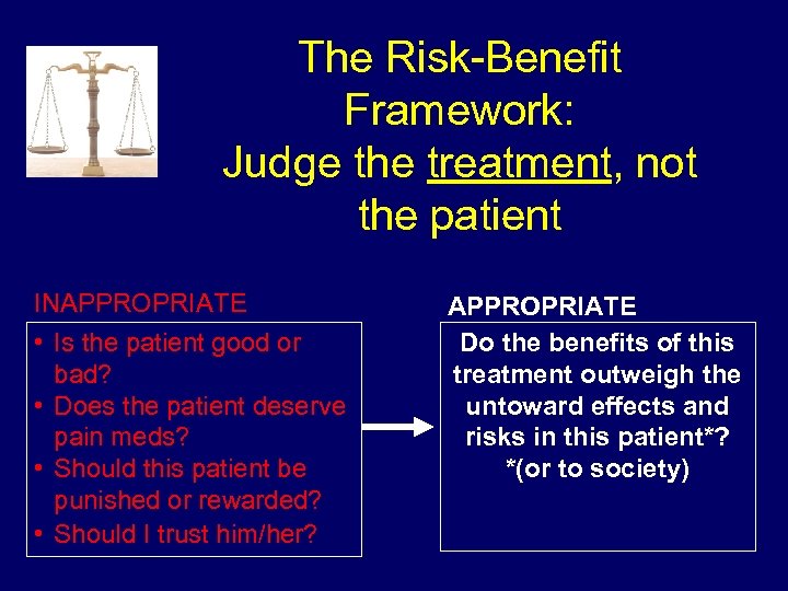 The Risk-Benefit Framework: Judge the treatment, not the patient INAPPROPRIATE • Is the patient