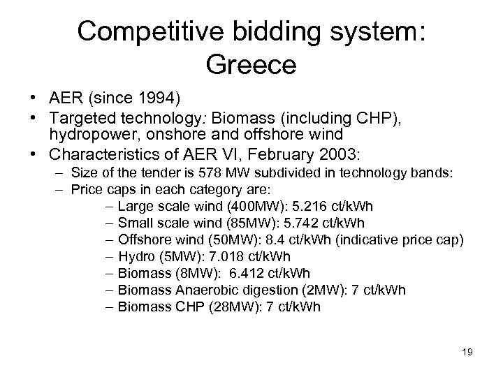 Competitive bidding system: Greece • AER (since 1994) • Targeted technology: Biomass (including CHP),