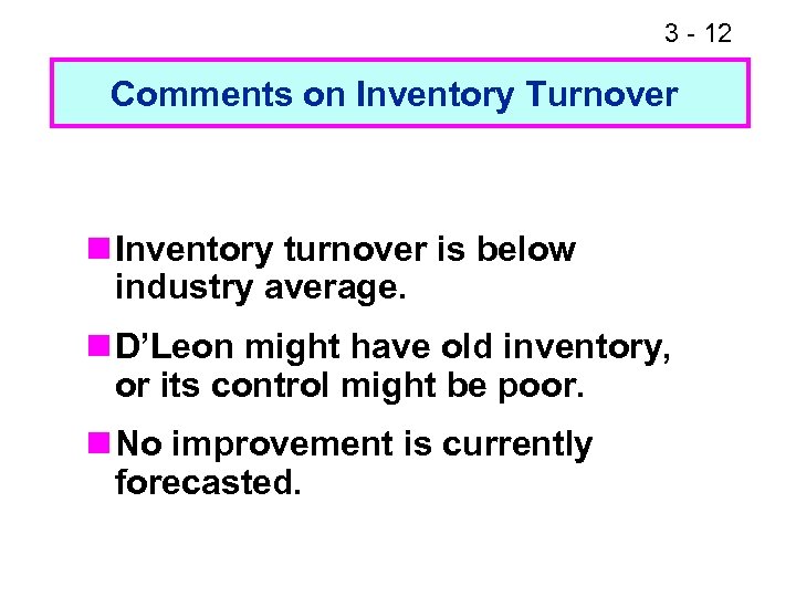 3 - 12 Comments on Inventory Turnover n Inventory turnover is below industry average.