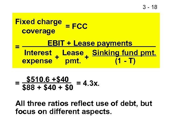 3 - 18 Fixed charge = FCC coverage EBIT + Lease payments = Interest