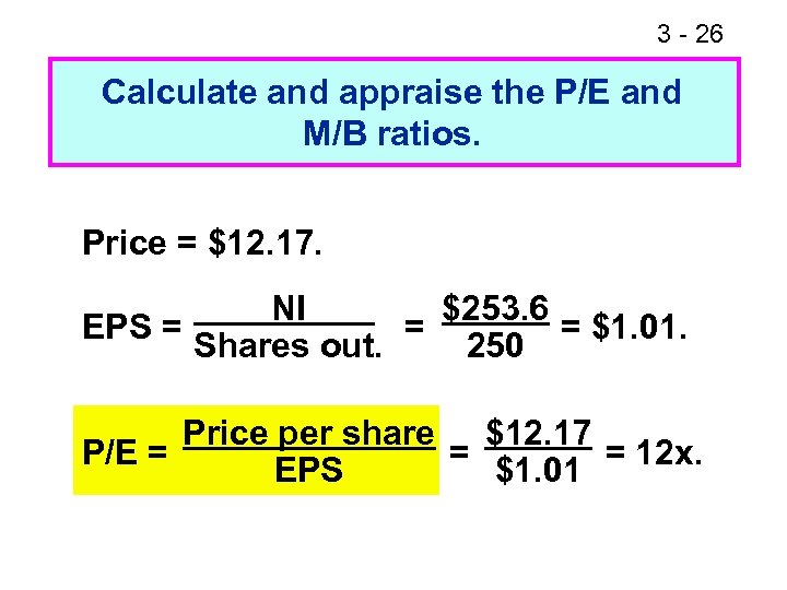 3 - 27 26 Calculate and appraise the P/E and M/B ratios. Price =