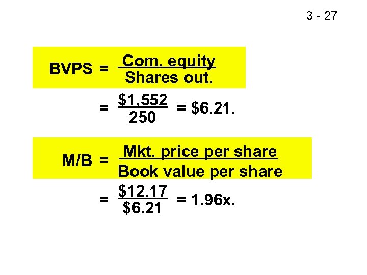 3 - 28 27 Com. equity BVPS = Shares out. $1, 552 = $6.