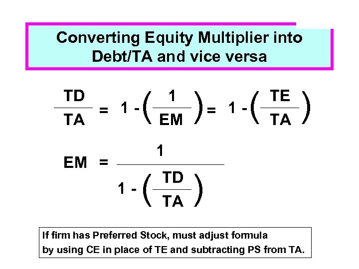 3 - 31 Converting Equity Multiplier into Debt/TA and vice versa TD = 1