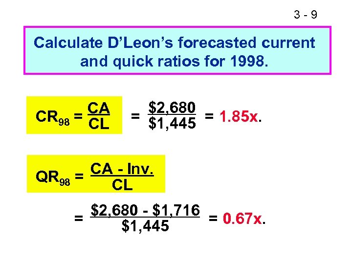 3 -9 Calculate D’Leon’s forecasted current and quick ratios for 1998. CA CR 98