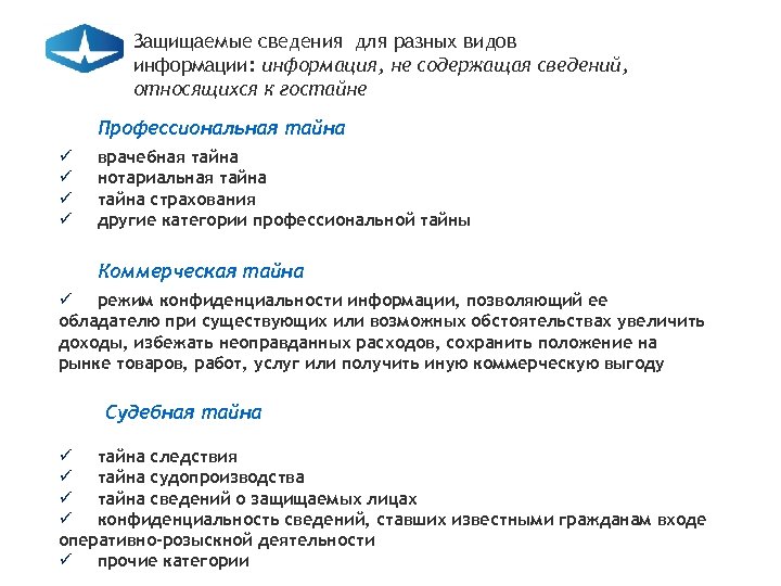 Защищаемые сведения для разных видов информации: информация, не содержащая сведений, относящихся к гостайне Профессиональная