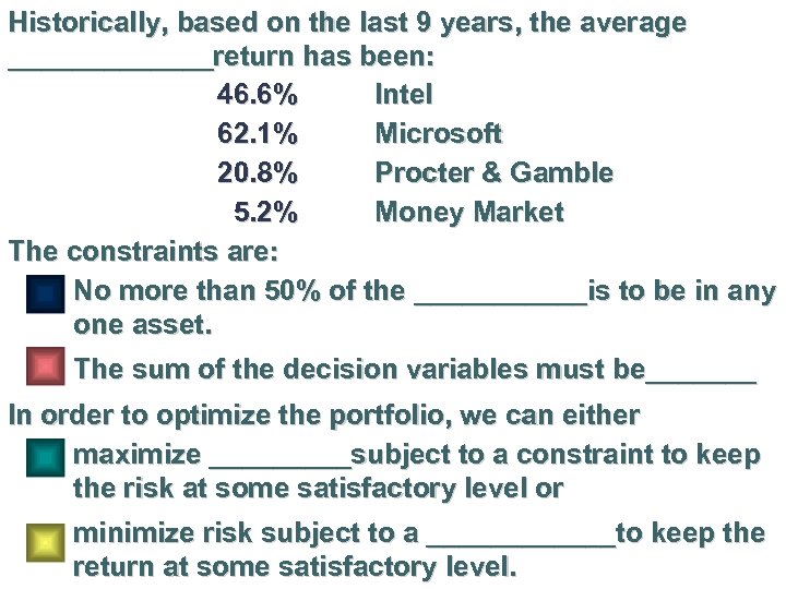 Historically, based on the last 9 years, the average _______return has been: 46. 6%