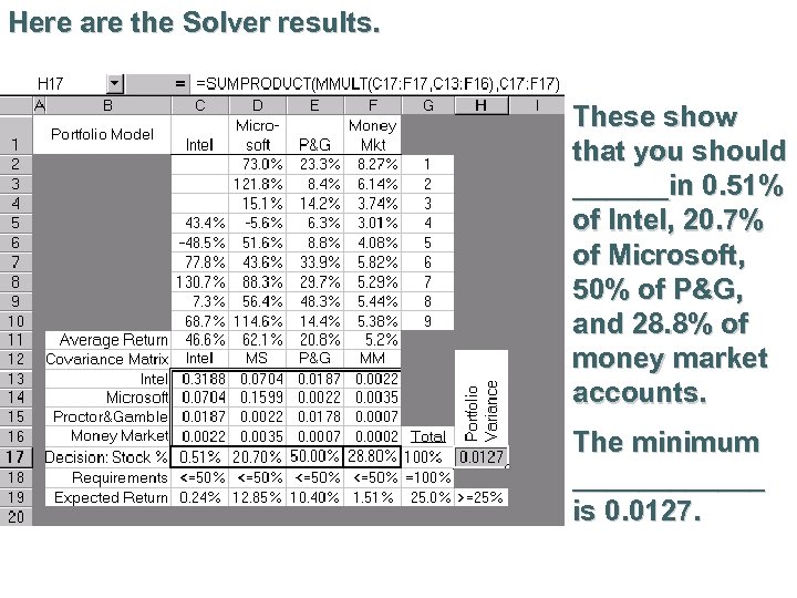 Here are the Solver results. These show that you should ______in 0. 51% of