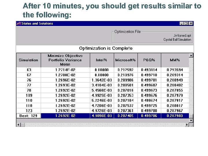 After 10 minutes, you should get results similar to the following: 