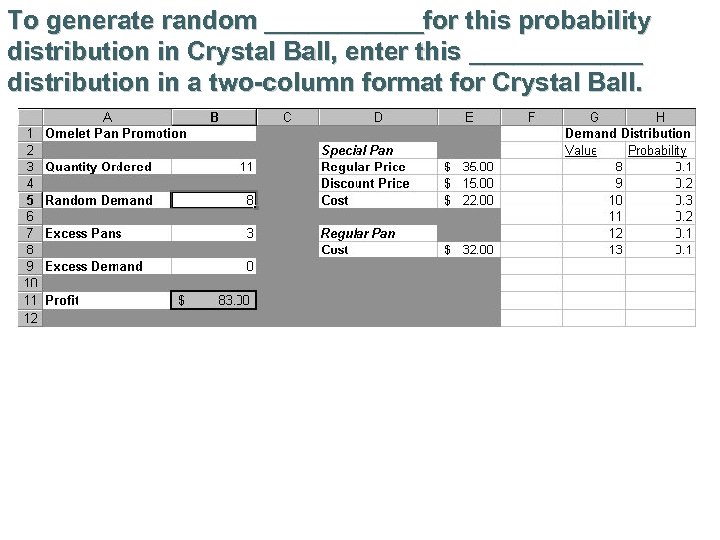 To generate random ______for this probability distribution in Crystal Ball, enter this ______ distribution
