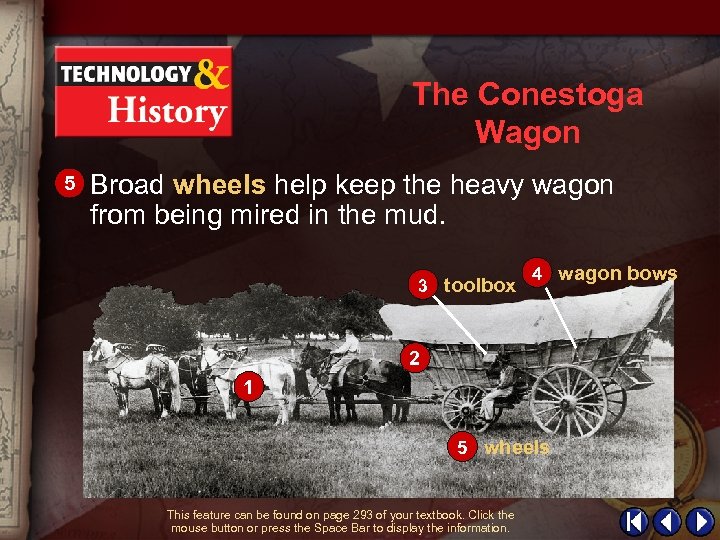 The Conestoga Wagon 5 Broad wheels help keep the heavy wagon from being mired