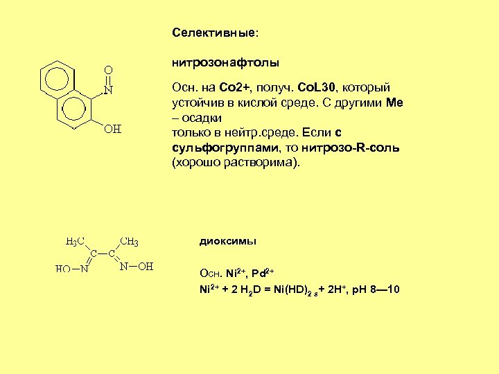 Селективные: нитрозонафтолы Осн. на Co 2+, получ. Co. L 30, который устойчив в кислой