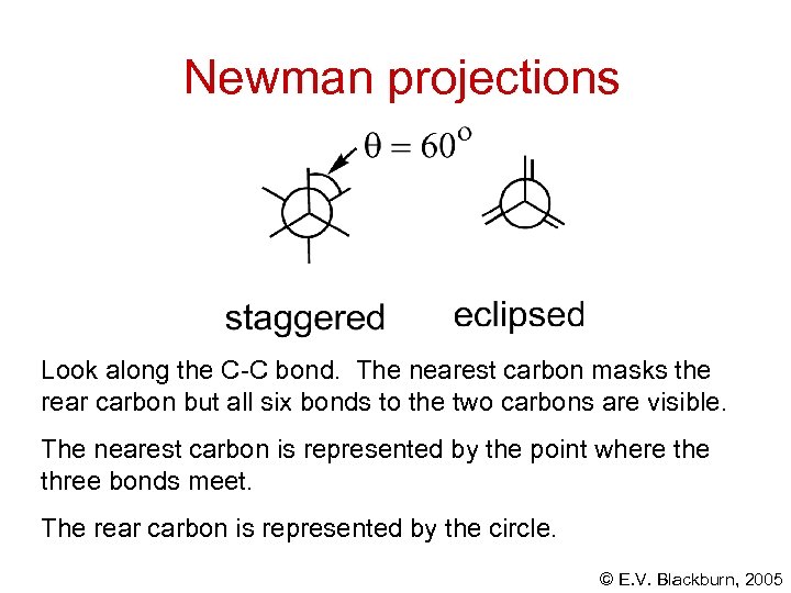 Newman projections Look along the C-C bond. The nearest carbon masks the rear carbon