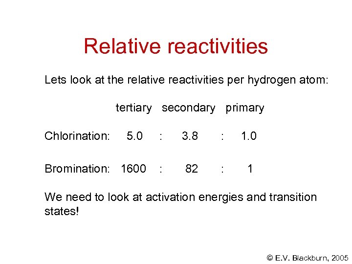 Relative reactivities Lets look at the relative reactivities per hydrogen atom: tertiary secondary primary