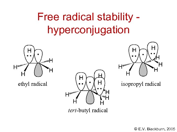 Free radical stability hyperconjugation ethyl radical isopropyl radical tert-butyl radical © E. V. Blackburn,