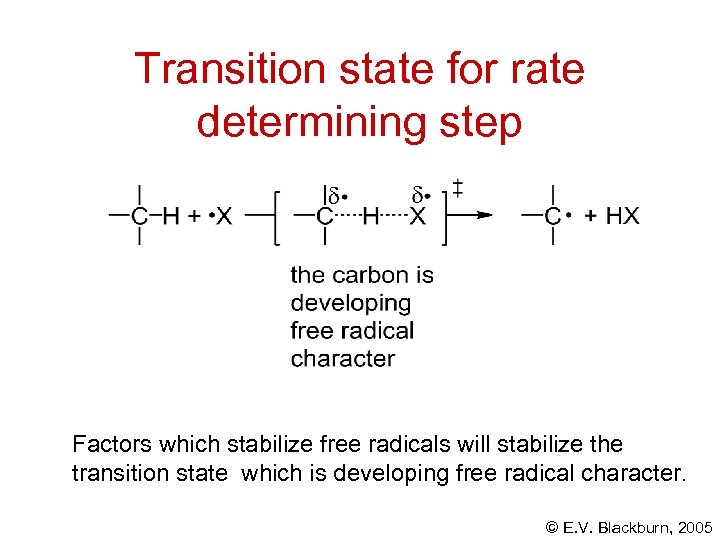 Transition state for rate determining step Factors which stabilize free radicals will stabilize the