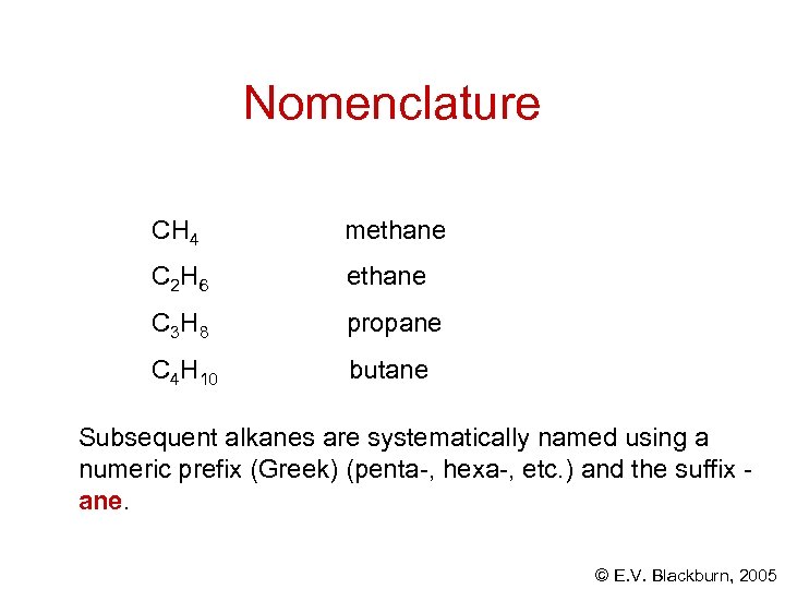 Nomenclature CH 4 methane C 2 H 6 ethane C 3 H 8 propane