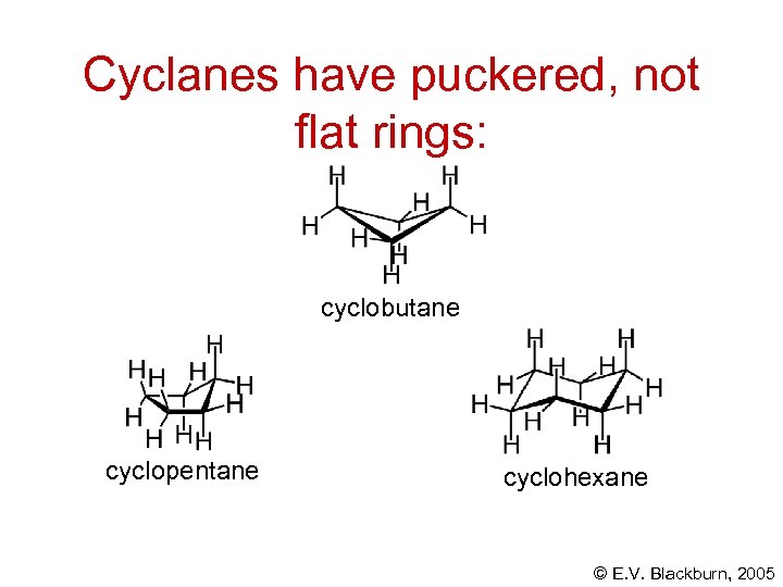 Cyclanes have puckered, not flat rings: cyclobutane cyclopentane cyclohexane © E. V. Blackburn, 2005