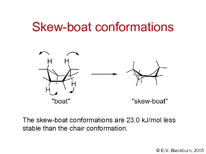 Skew-boat conformations The skew-boat conformations are 23. 0 k. J/mol less stable than the