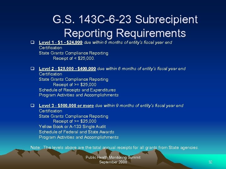 G. S. 143 C-6 -23 Subrecipient Reporting Requirements q Level 1 - $24, 999