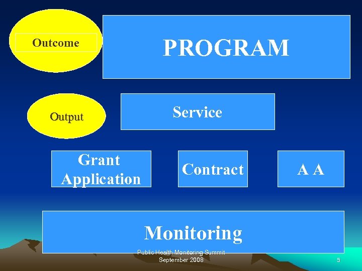 PROGRAM Outcome Service Output Grant Application Contract AA Monitoring Public Health Monitoring Summit September