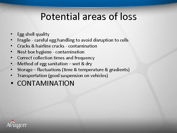 Potential areas of loss • • Egg shell quality Fragile - careful egg handling