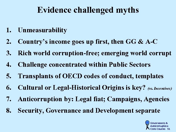 Evidence challenged myths 1. Unmeasurability 2. Country’s income goes up first, then GG &