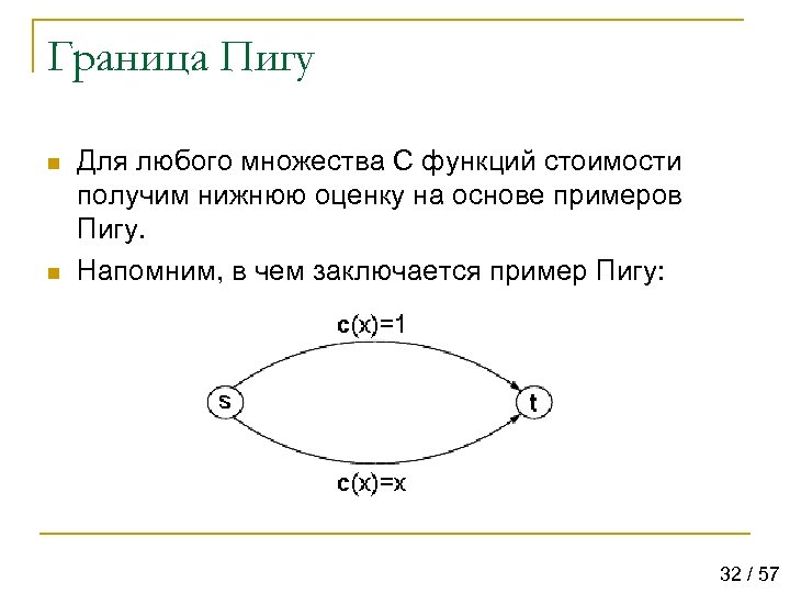 Граница Пигу n n Для любого множества C функций стоимости получим нижнюю оценку на