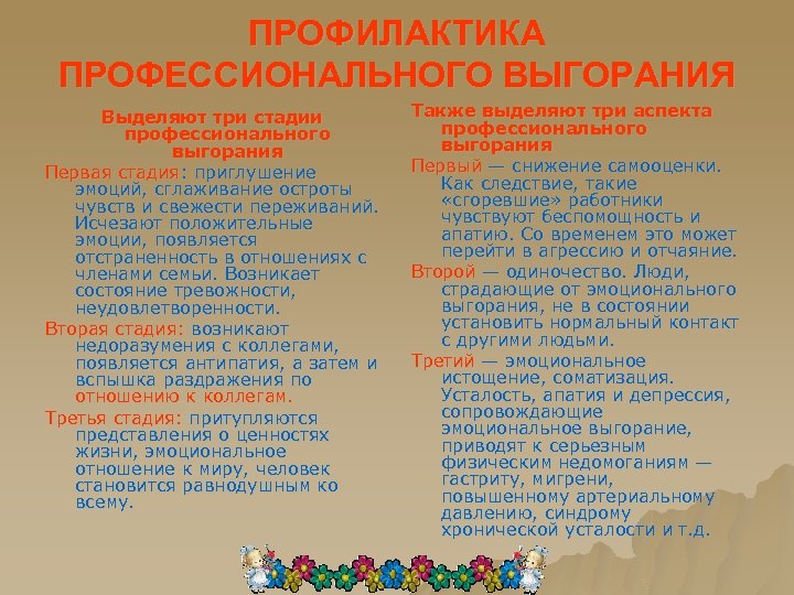 ПРОФИЛАКТИКА ПРОФЕССИОНАЛЬНОГО ВЫГОРАНИЯ Выделяют три стадии профессионального выгорания Первая стадия: приглушение эмоций, сглаживание остроты