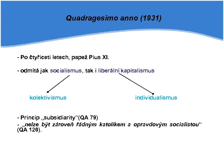 Quadragesimo anno (1931) - Po čtyřiceti letech, papež Pius XI. - odmítá jak socialismus,