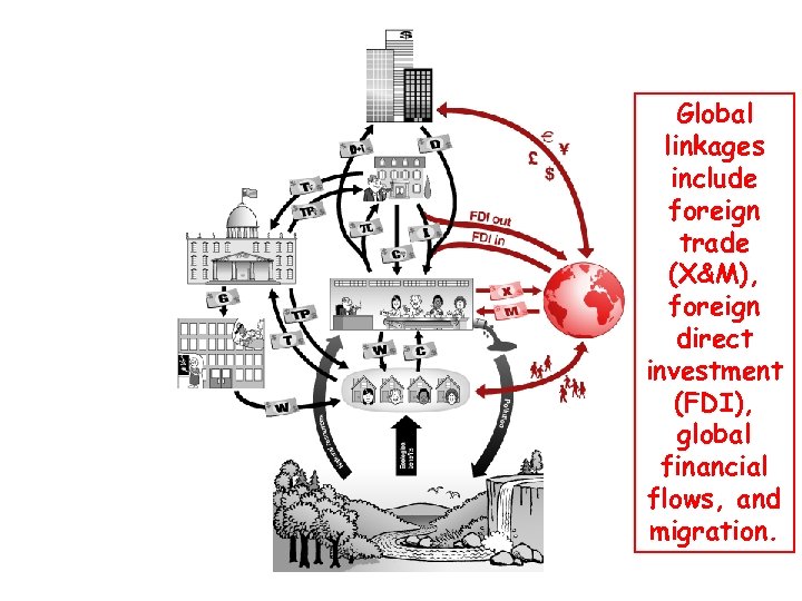 Global linkages include foreign trade (X&M), foreign direct investment (FDI), global financial flows, and