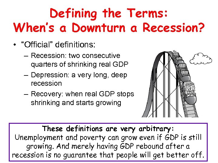 Defining the Terms: When’s a Downturn a Recession? • “Official” definitions: – Recession: two