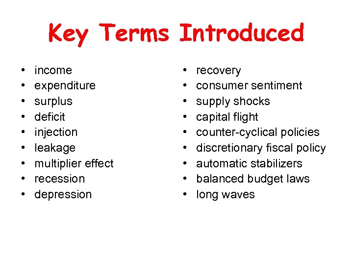 Key Terms Introduced • • • income expenditure surplus deficit injection leakage multiplier effect