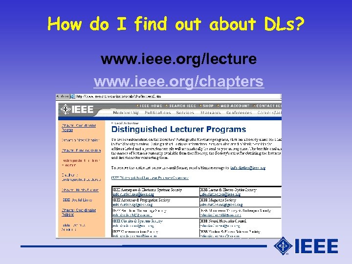 How do I find out about DLs? www. ieee. org/lecture www. ieee. org/chapters 