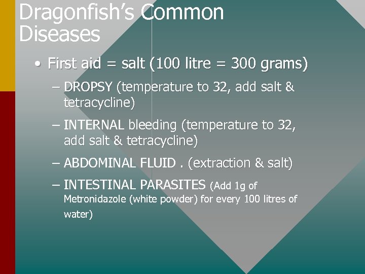 Dragonfish’s Common Diseases • First aid = salt (100 litre = 300 grams) –
