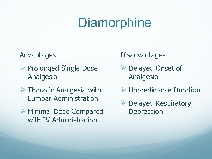 Diamorphine Advantages Disadvantages Ø Prolonged Single Dose Ø Delayed Onset of Ø Thoracic Analgesia